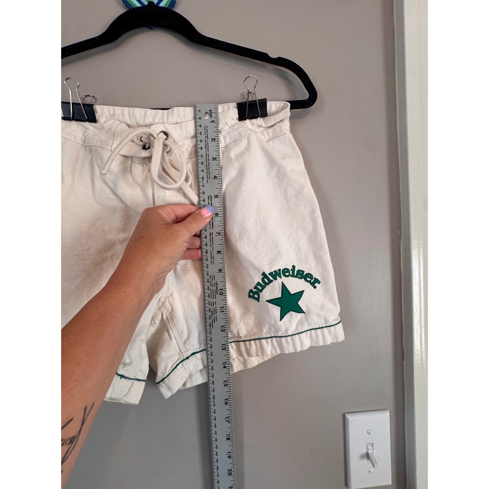 PacSun Budweiser Canvas Shorts Cream Green Logo Drawstring Size 30 - Picture 8 of 8